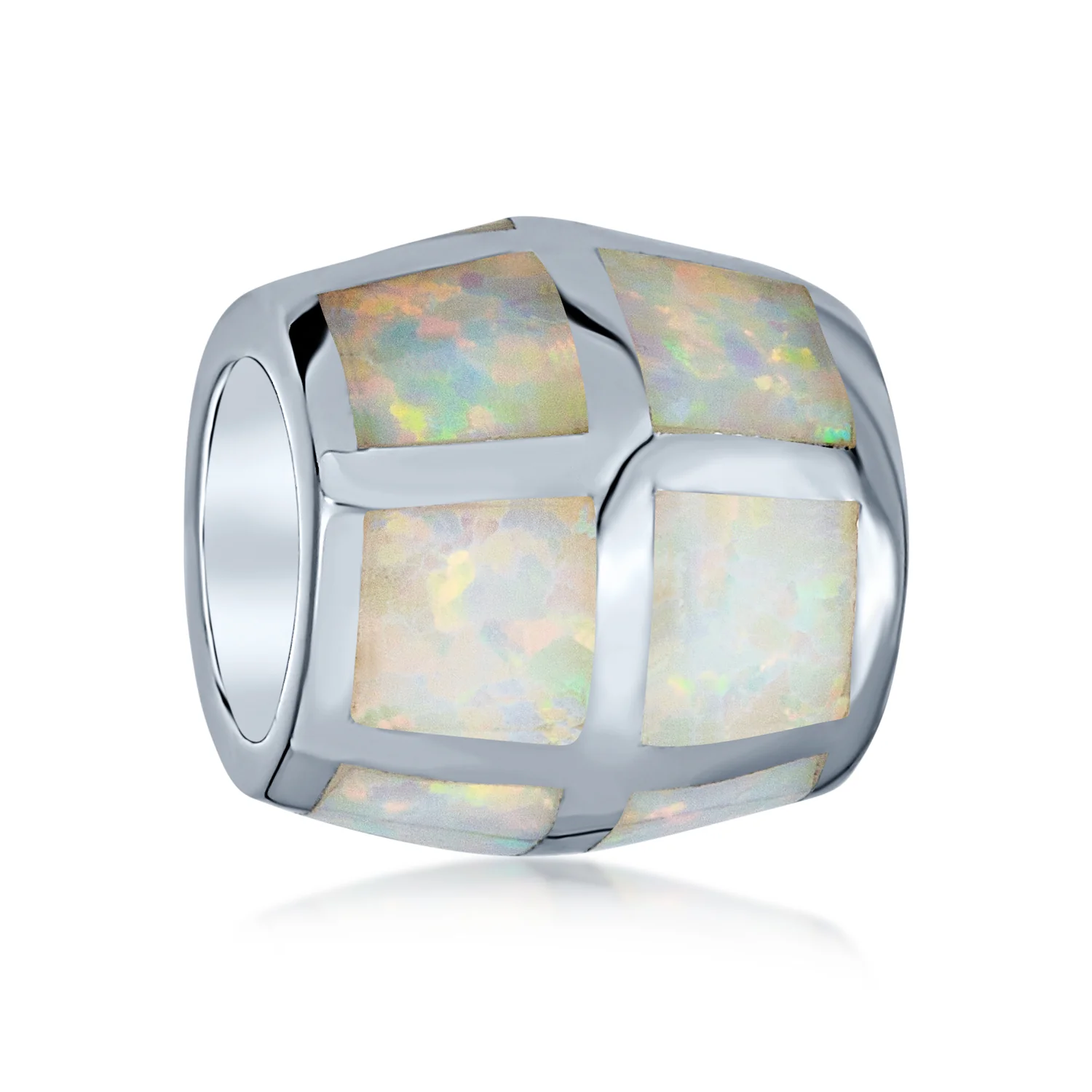 Created White Opal Inlay Barrel Charm Bead .925 Sterling Silver For Bracelet