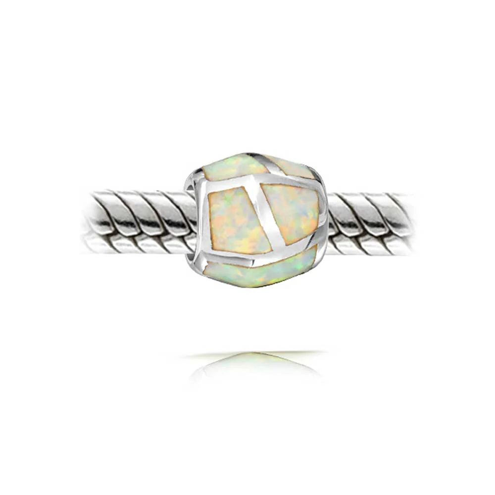 Created White Opal Inlay Barrel Charm Bead .925 Sterling Silver For Bracelet - Image 2