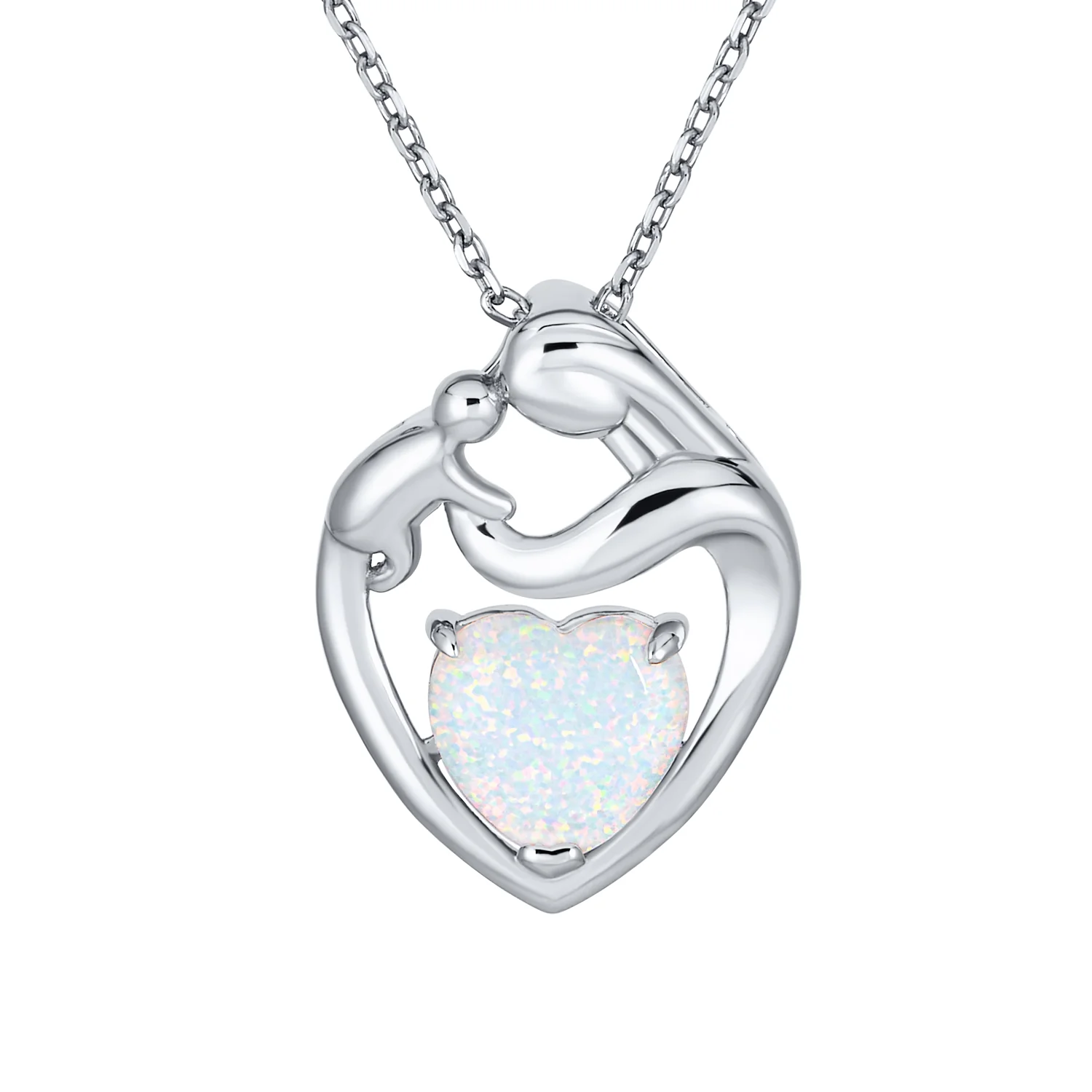 Opal Heart Loving Mother Family Necklace Pendant .925 Sterling Silver