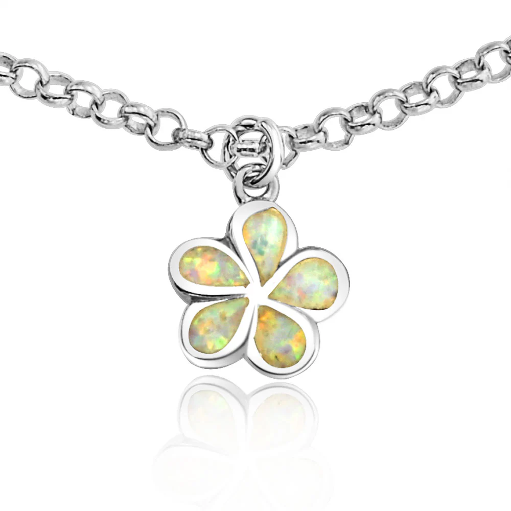 White Opal Hawaiian Plumeria Flower Anklet Ankle Bracelet .925 Sterling Silver - Image 3