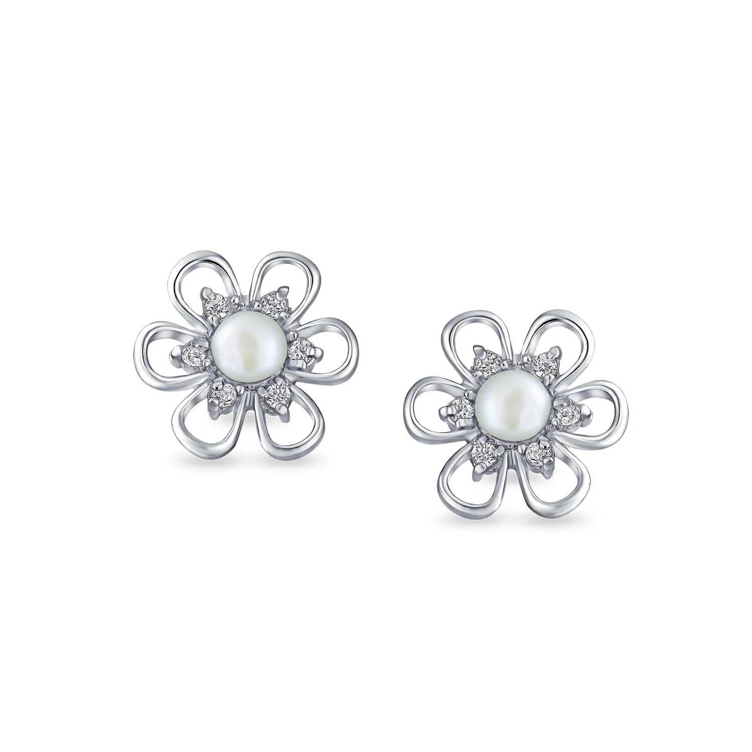 White Freshwater Cultured Pearl Daisy Flower Stud Earrings .925 Sterling Silver - Image 2