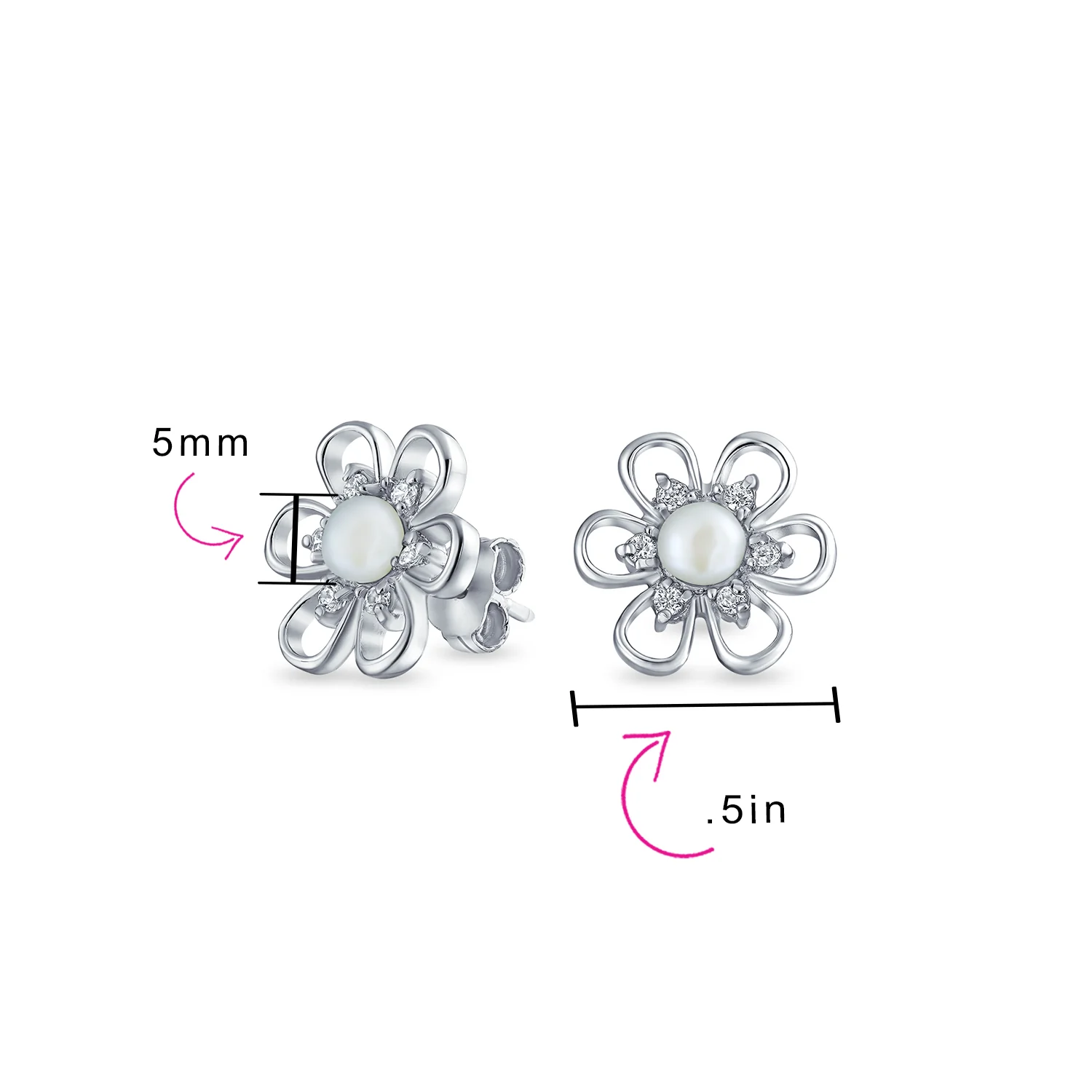 White Freshwater Cultured Pearl Daisy Flower Stud Earrings .925 Sterling Silver - Image 4