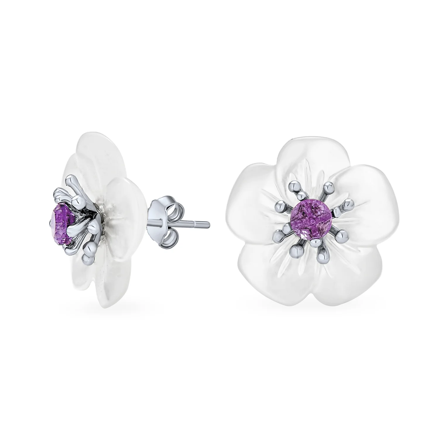 White Mother of Pearl Flower Stud Earrings with Amethyst in Sterling Silver