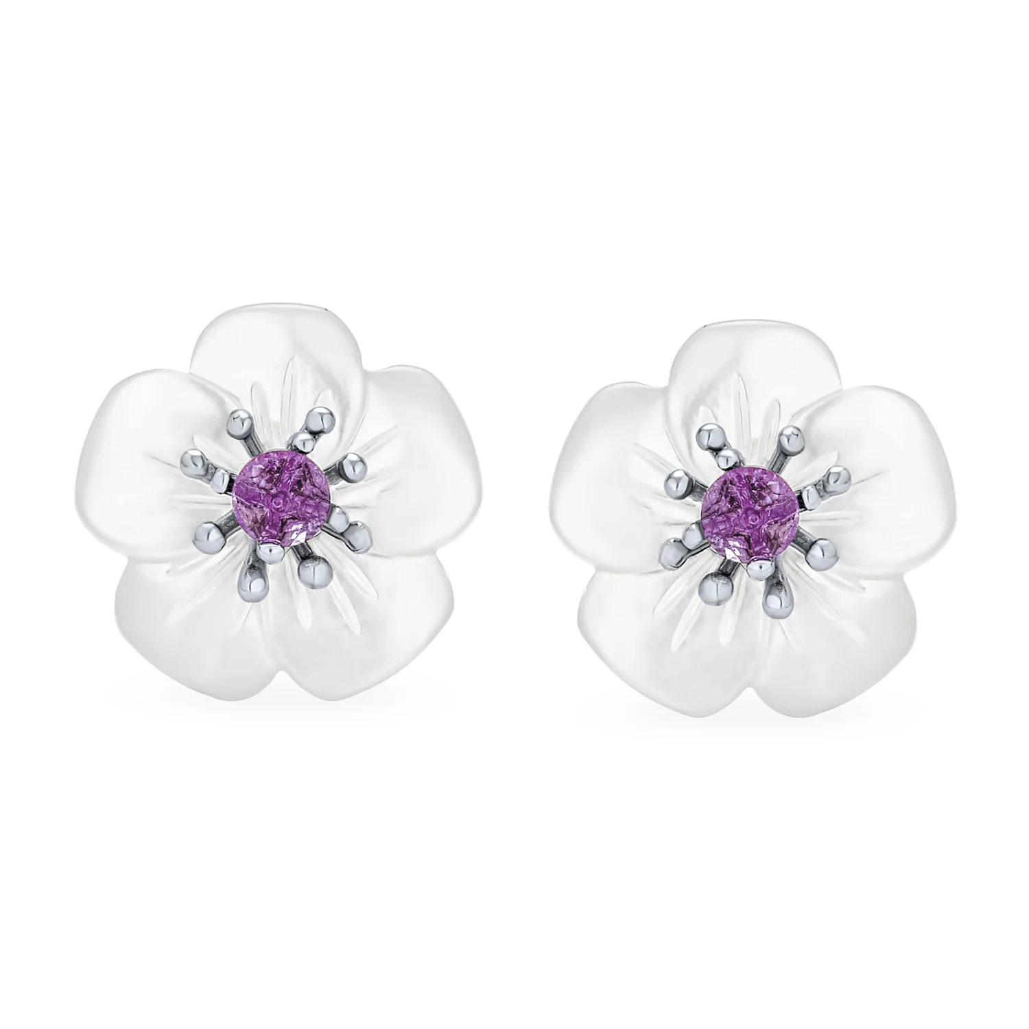 White Mother of Pearl Flower Stud Earrings with Amethyst in Sterling Silver - Image 2