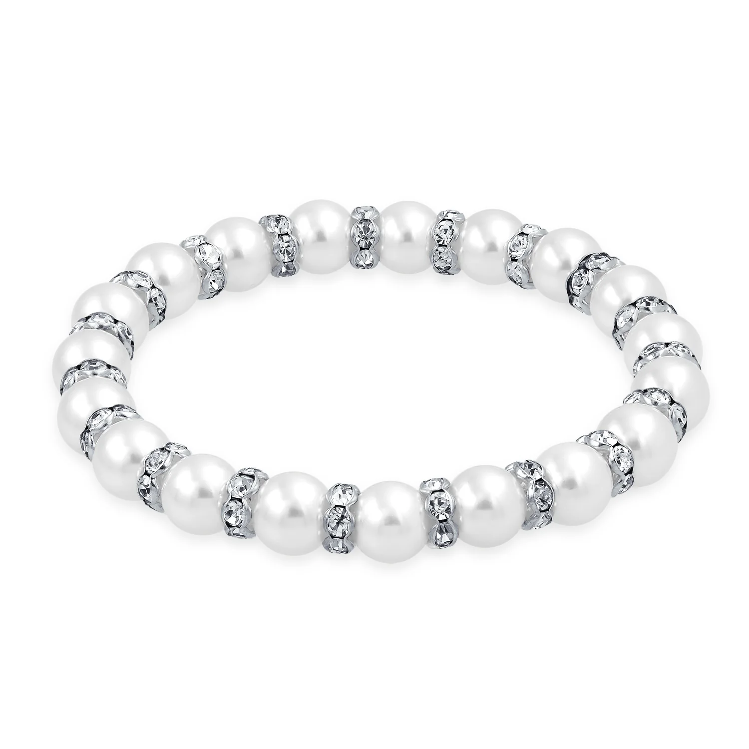 White Pink Black Simulated Pearl Stretch Bracelet with Crystal Rondelle Spacers - Image 2