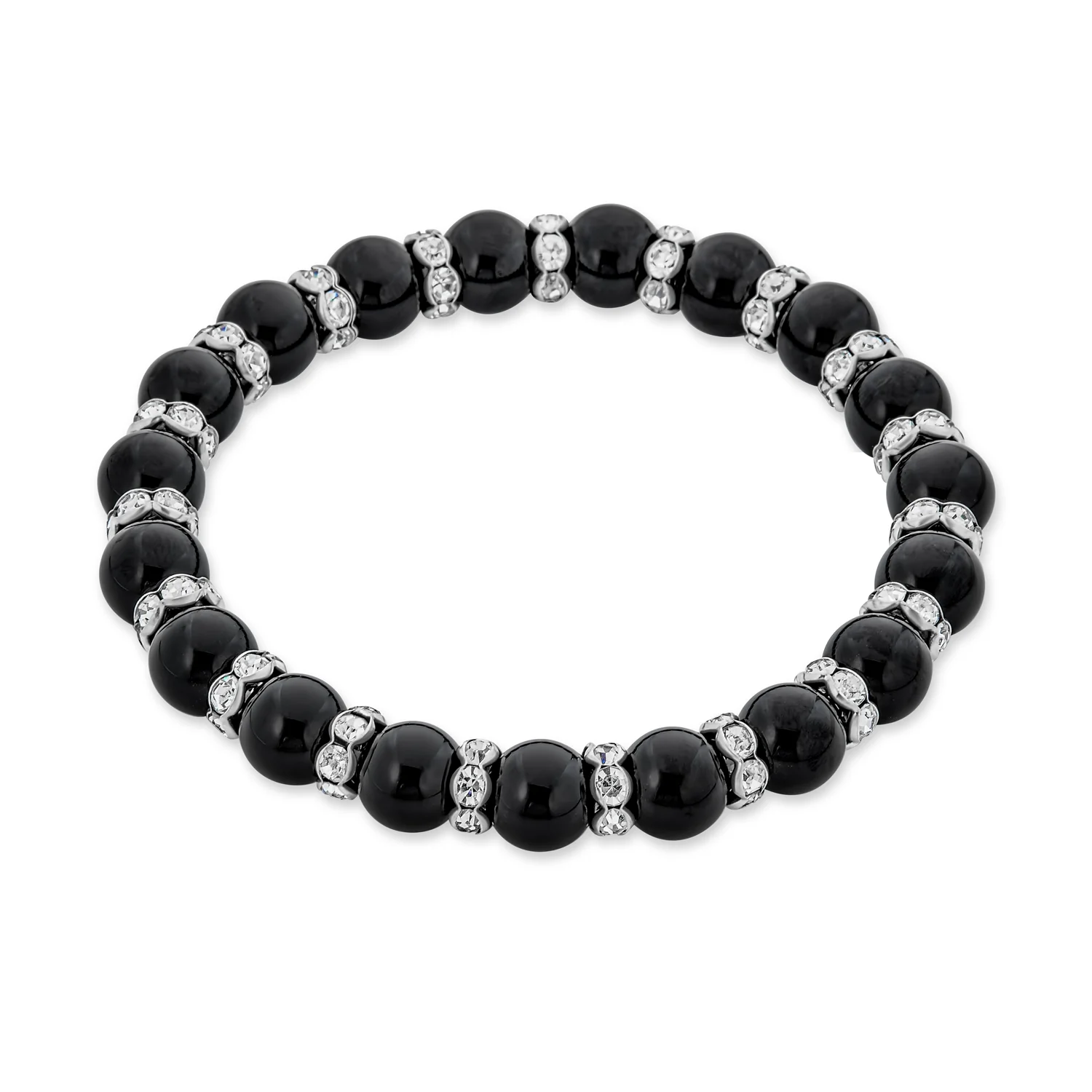 White Pink Black Simulated Pearl Stretch Bracelet with Crystal Rondelle Spacers - Image 6