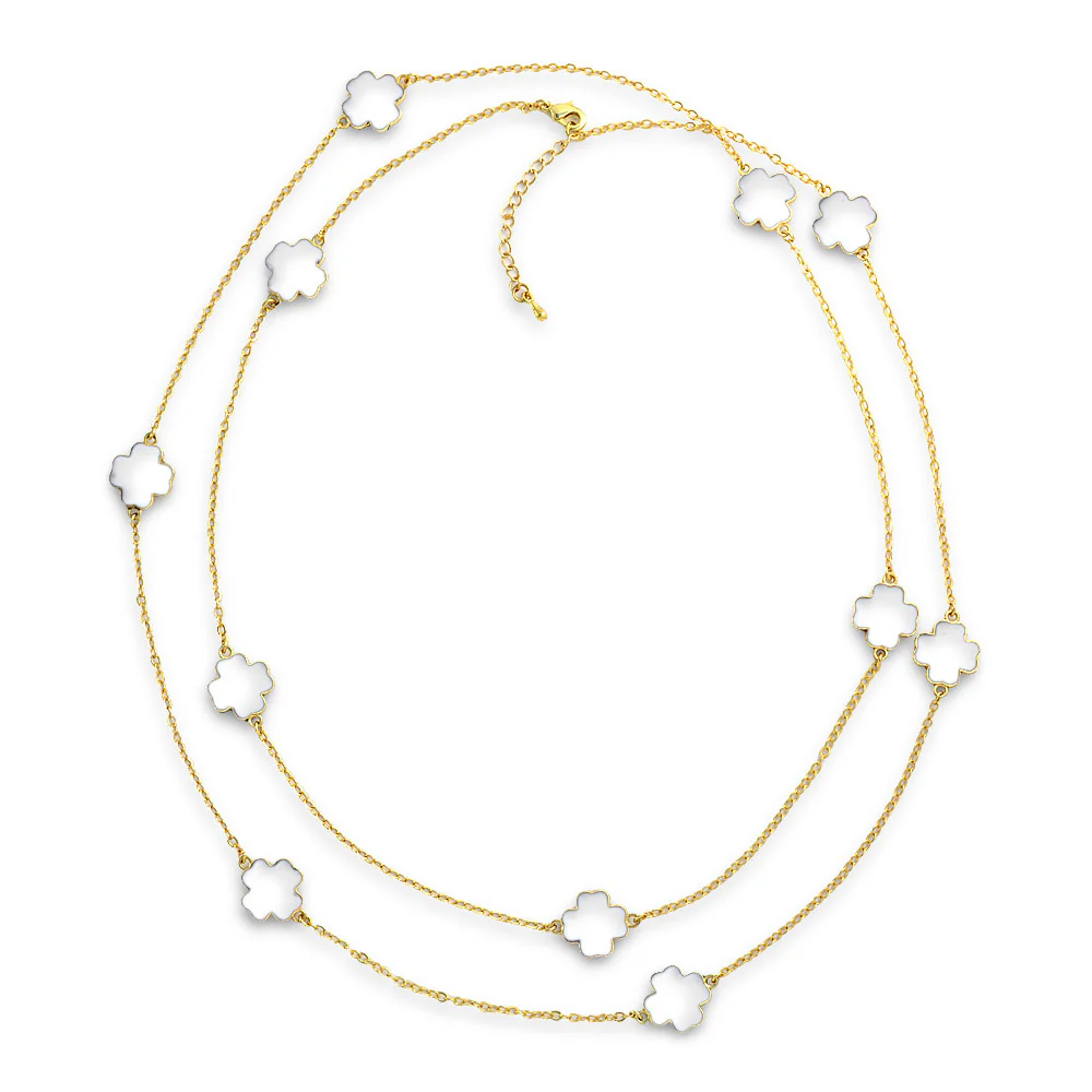 Flower Clover Pearlized Enamel Station Chain Wrap Necklace Gold Plated 40 Inch - Image 10