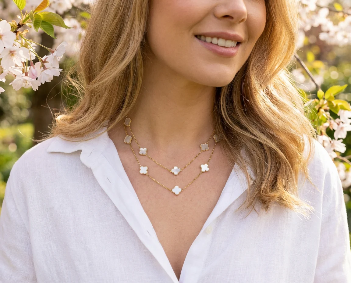 Flower Clover Pearlized Enamel Station Chain Wrap Necklace Gold Plated 40 Inch - Image 18