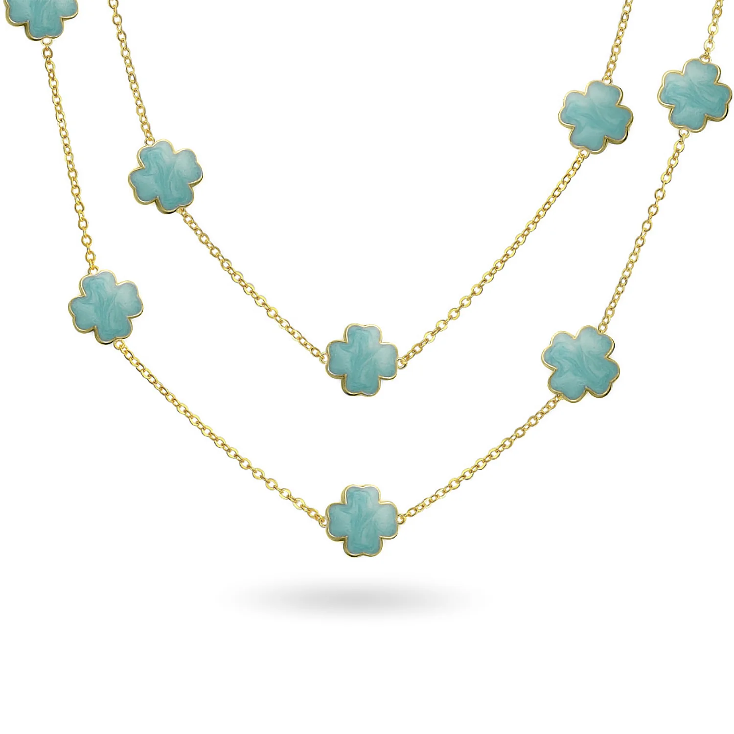 Flower Clover Pearlized Enamel Station Chain Wrap Necklace Gold Plated 40 Inch - Image 5
