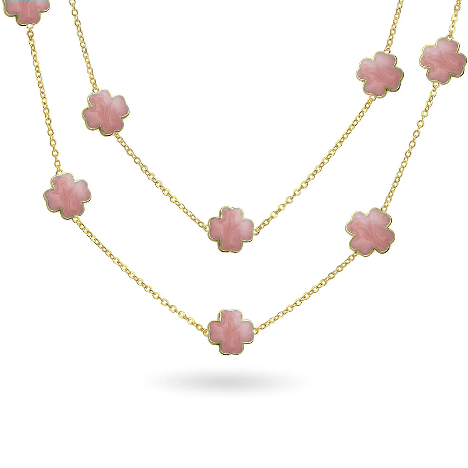 Flower Clover Pearlized Enamel Station Chain Wrap Necklace Gold Plated 40 Inch - Image 6