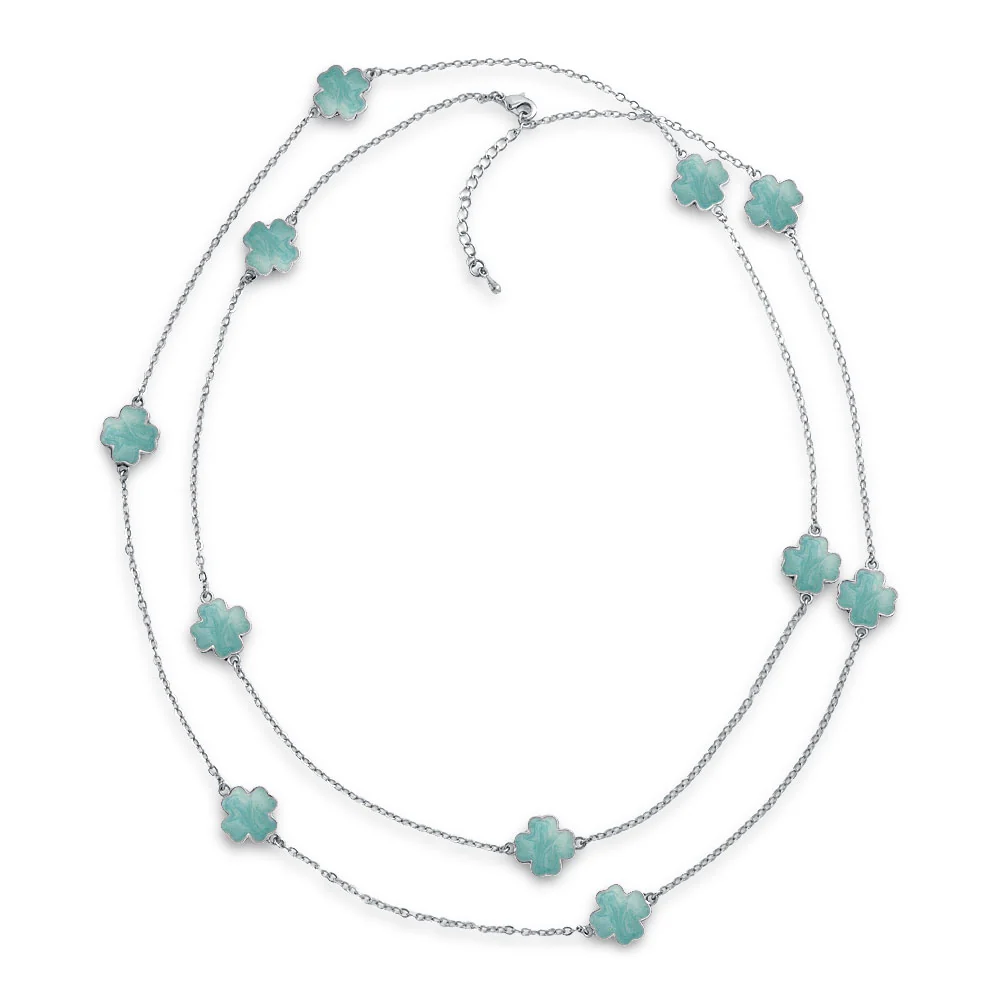 Flower Clover Pearlized Enamel Station Chain Wrap Necklace Gold Plated 40 Inch - Image 9