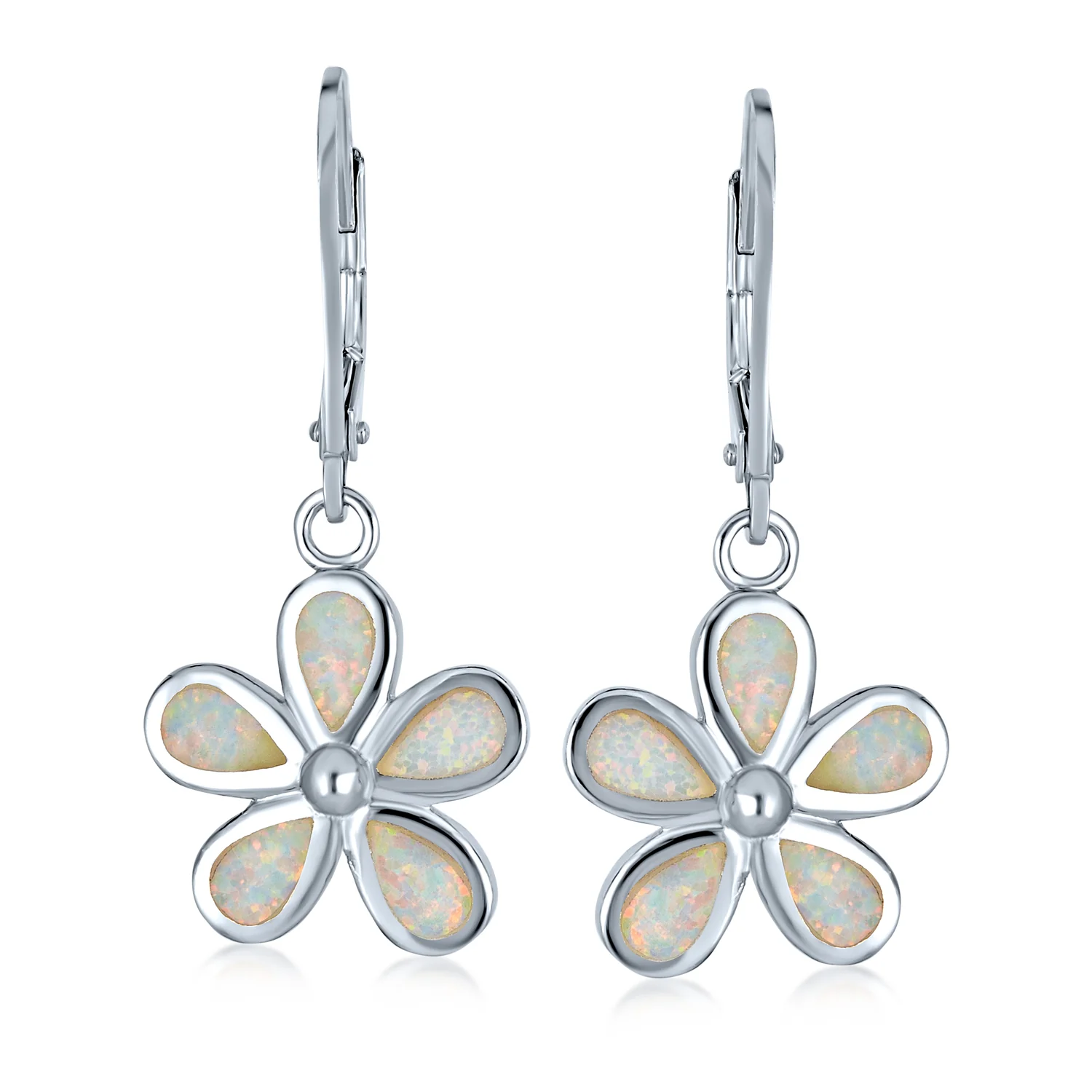 White Plumeria Flower Synthetic Opal Dangling Earrings Sterling Silver Lever Back - Image 2