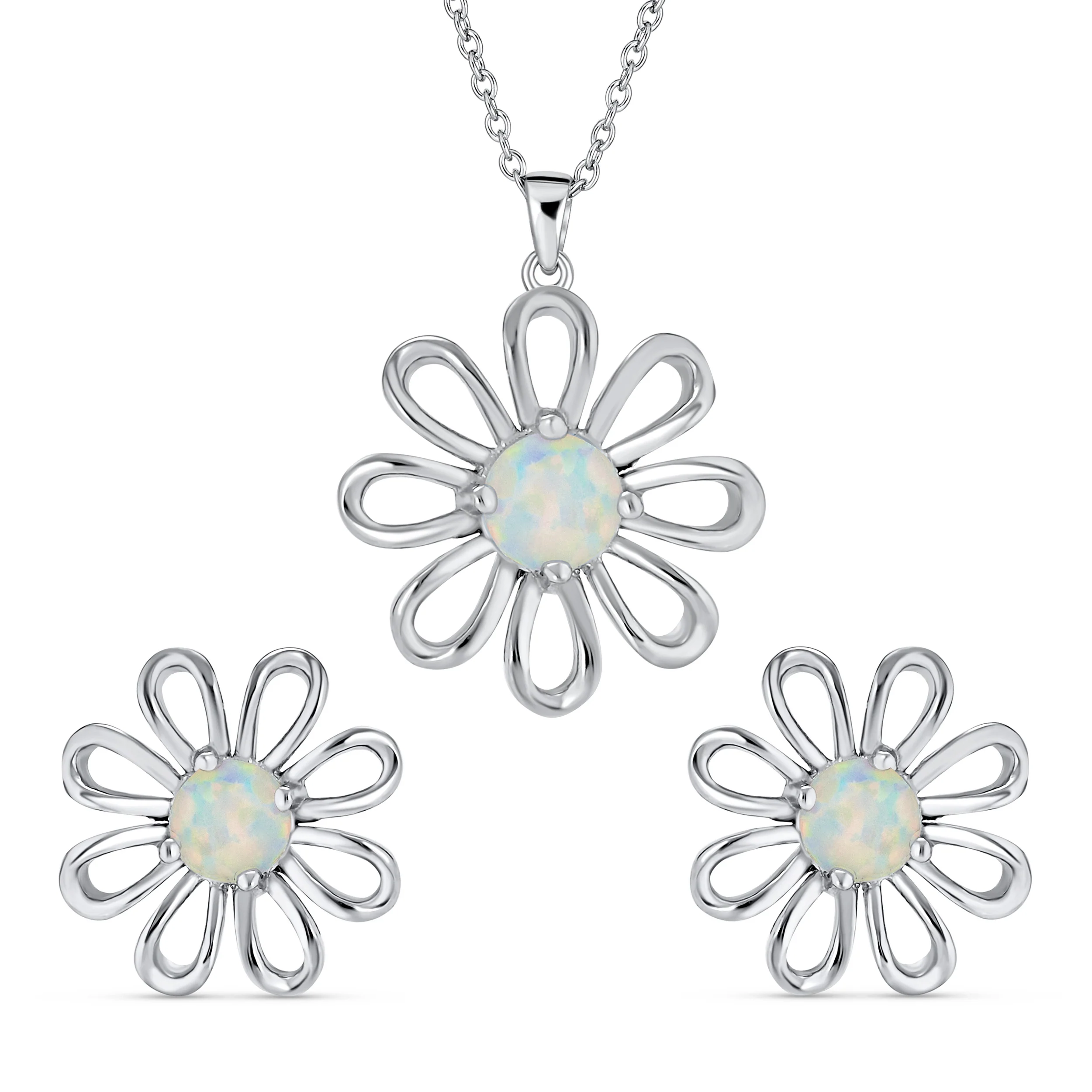 White Rainbow Opal Daisy Flower Pendant Necklace Silver - Image 2