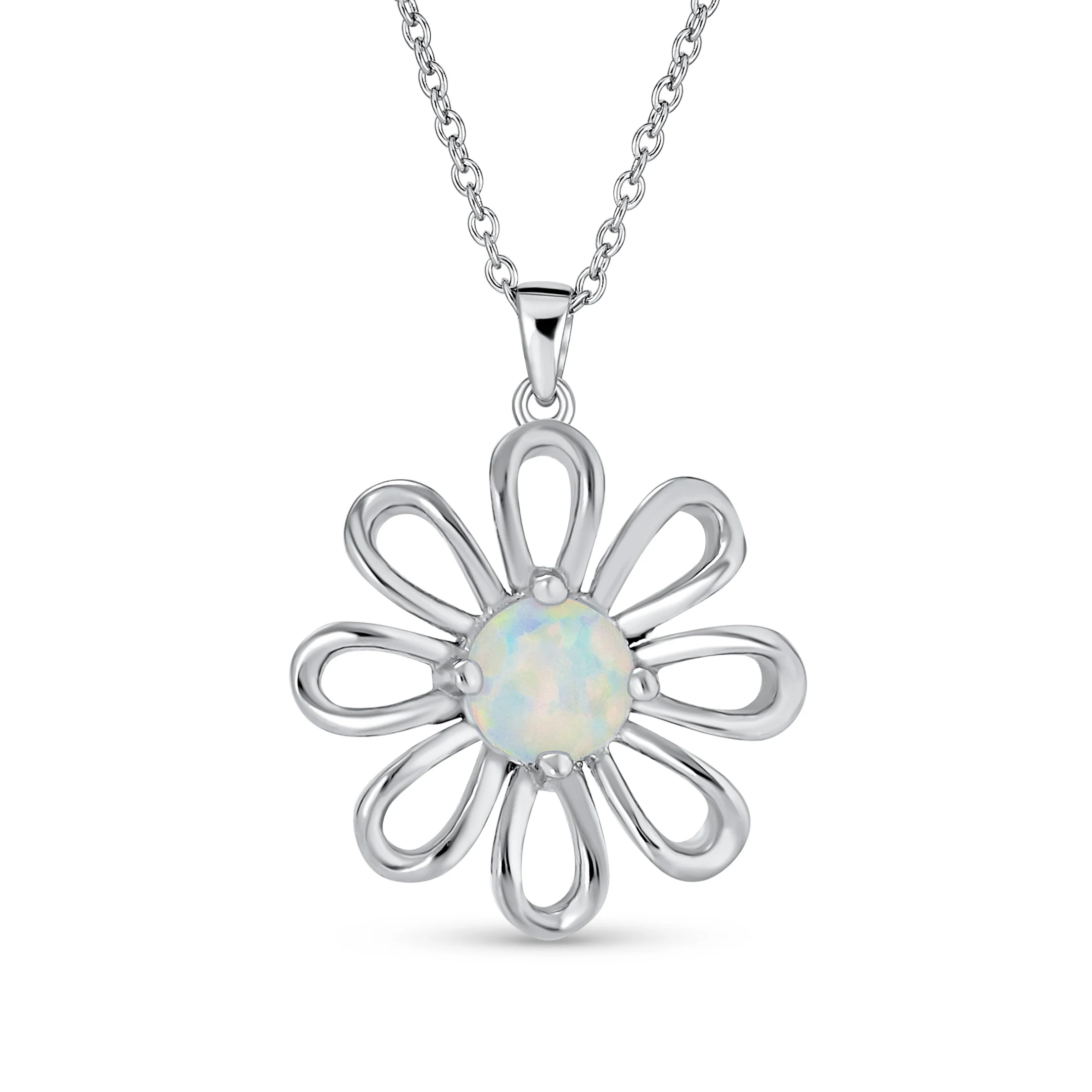 White Rainbow Opal Daisy Flower Pendant Necklace Silver - Image 6