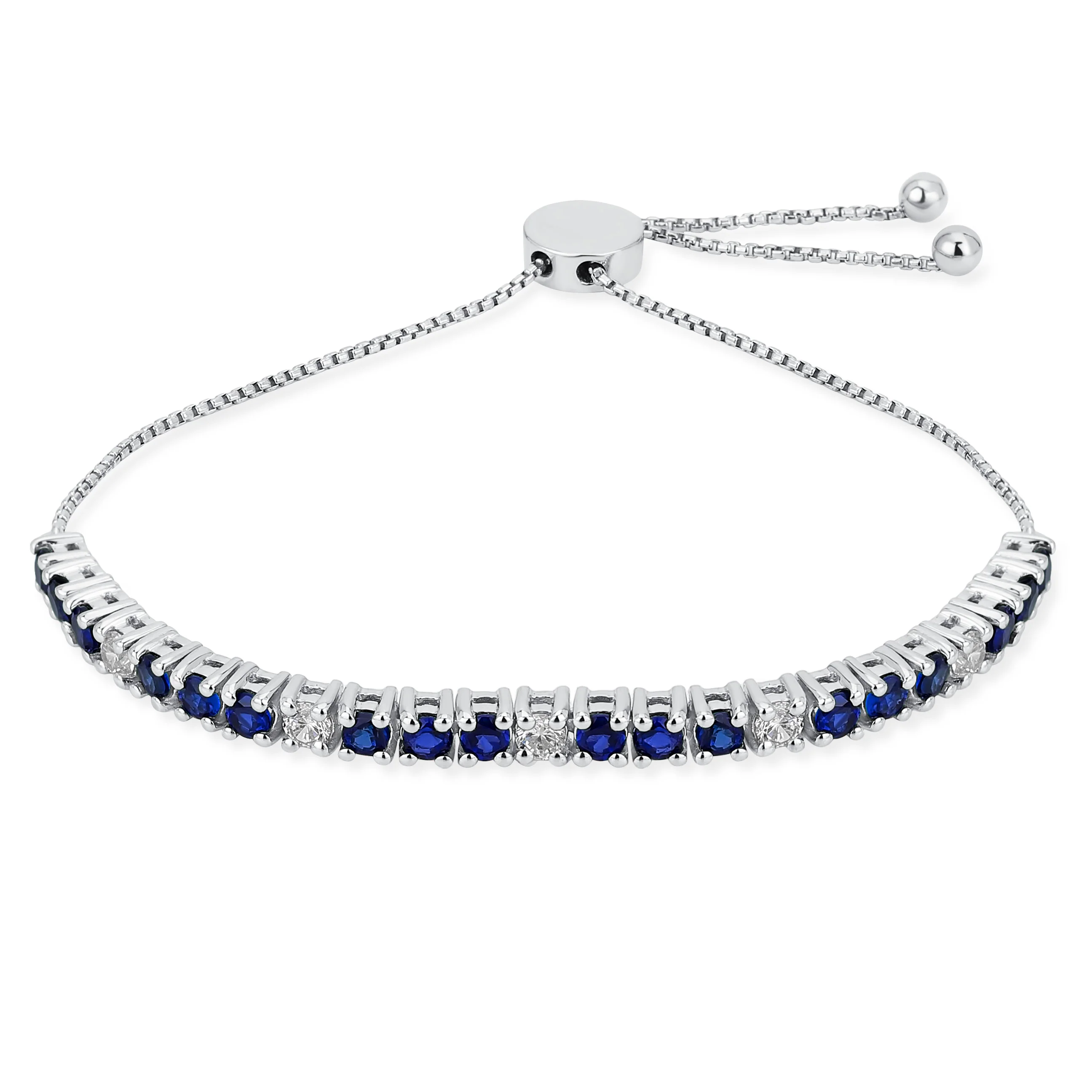 Alternating Created Blue Sapphire White Zircon Bolo Tennis Bracelet Adjustable .925 Sterling Silver
