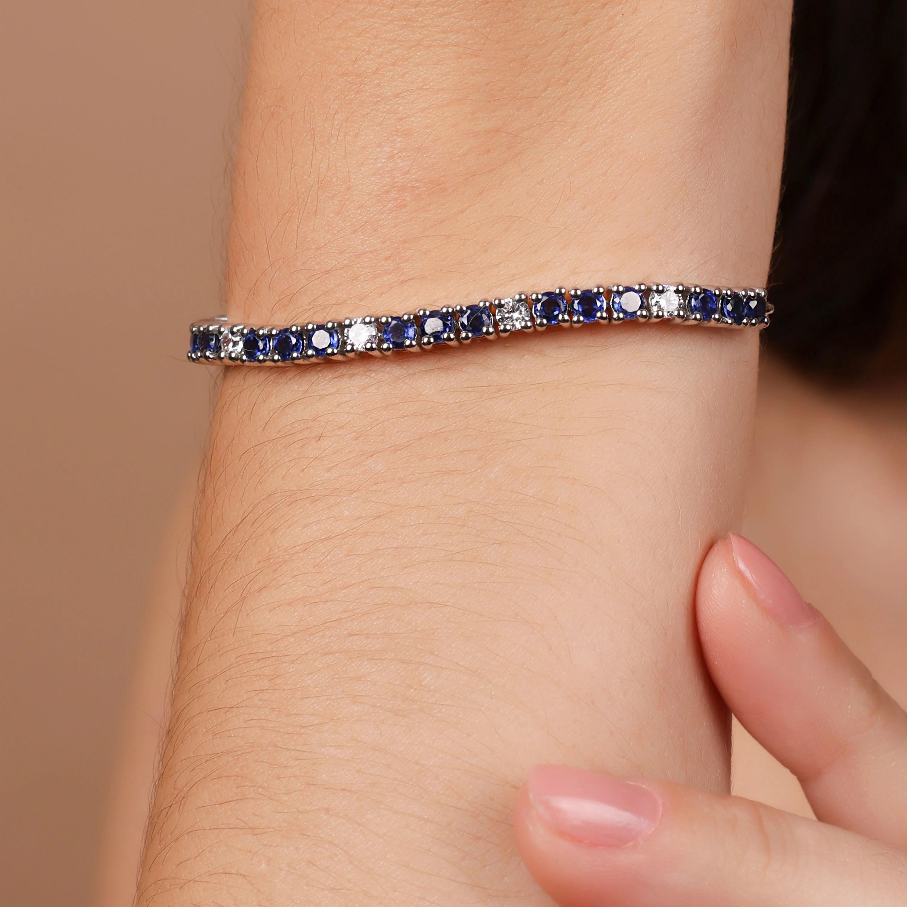 Alternating Created Blue Sapphire White Zircon Bolo Tennis Bracelet Adjustable .925 Sterling Silver - Image 3
