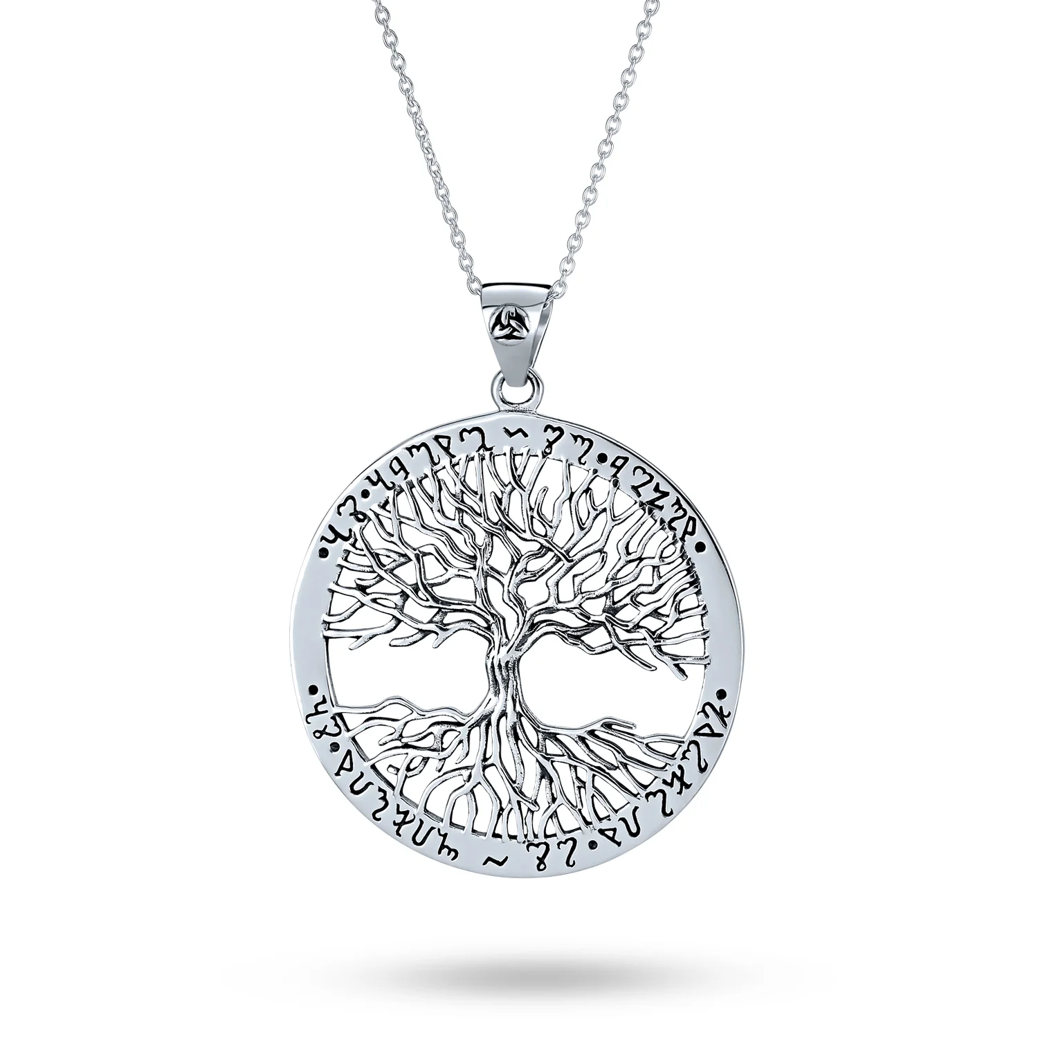 Wiccan Tree Of Life Pendant Necklace with Rune Symbols Oxidized Sterling Silver