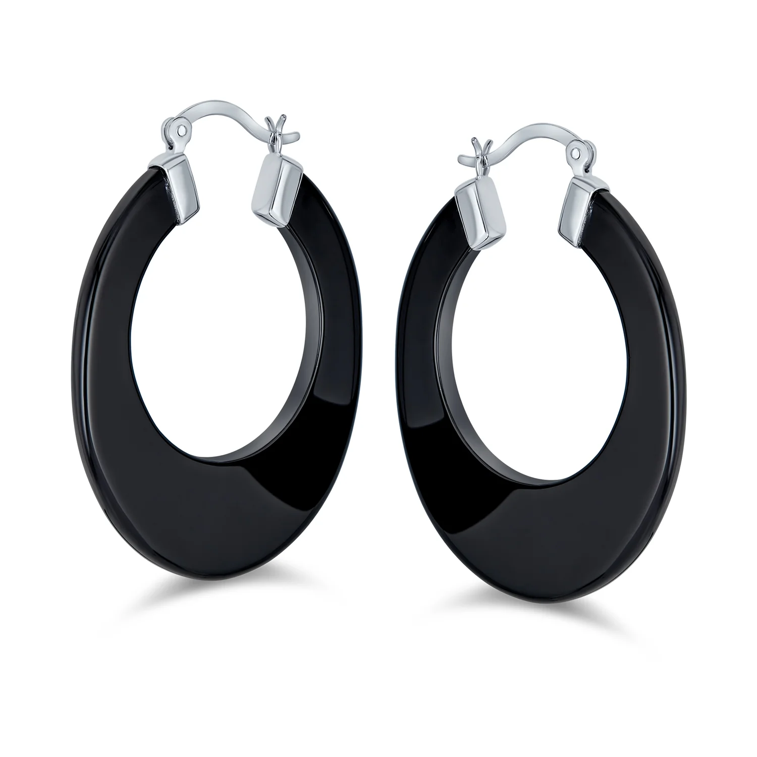 Wide Flat Black Blue Turquoise Gemstone Hoop Huggie Earrings Sterling Silver - Image 3