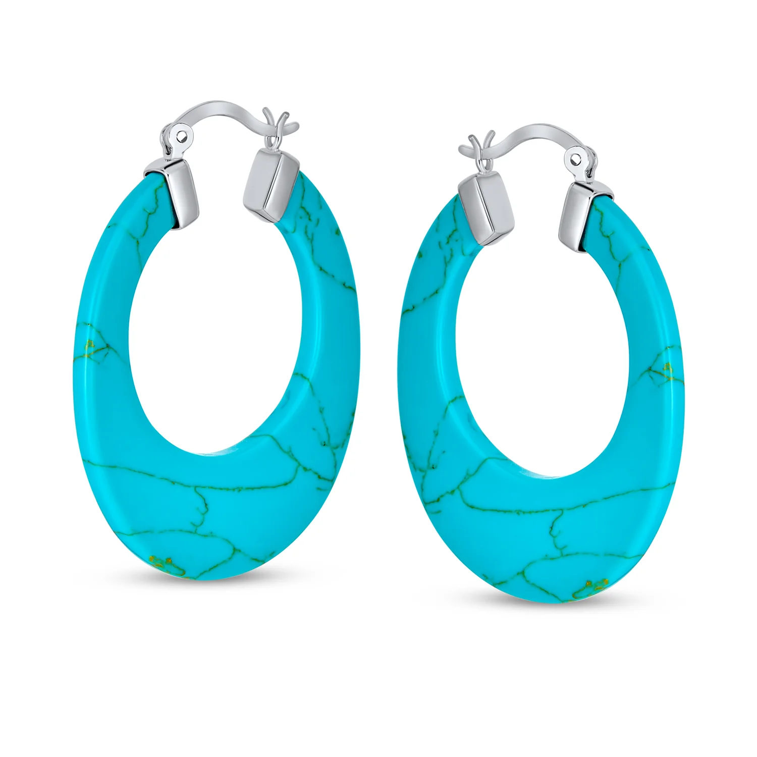 Wide Flat Black Blue Turquoise Gemstone Hoop Huggie Earrings Sterling Silver - Image 4