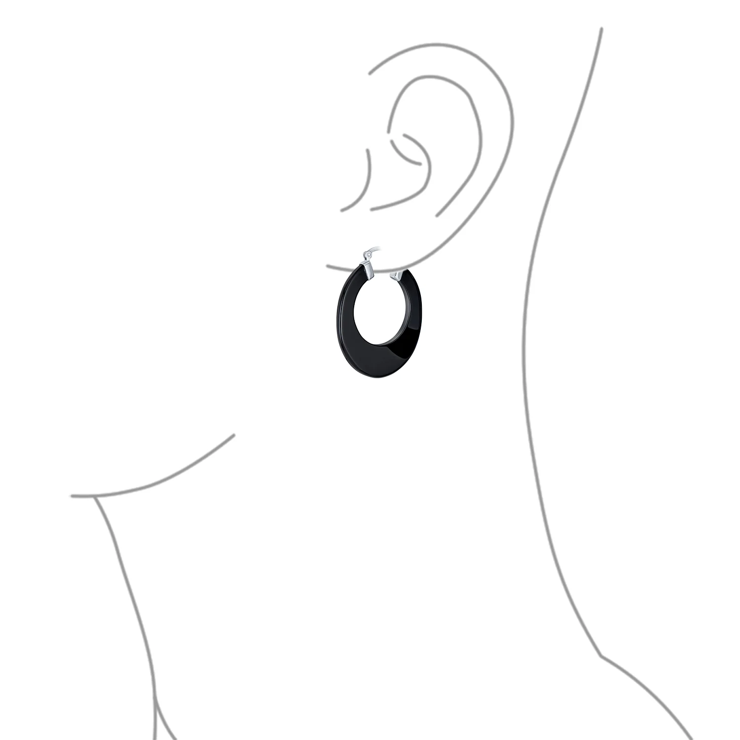 Wide Flat Black Blue Turquoise Gemstone Hoop Huggie Earrings Sterling Silver - Image 7