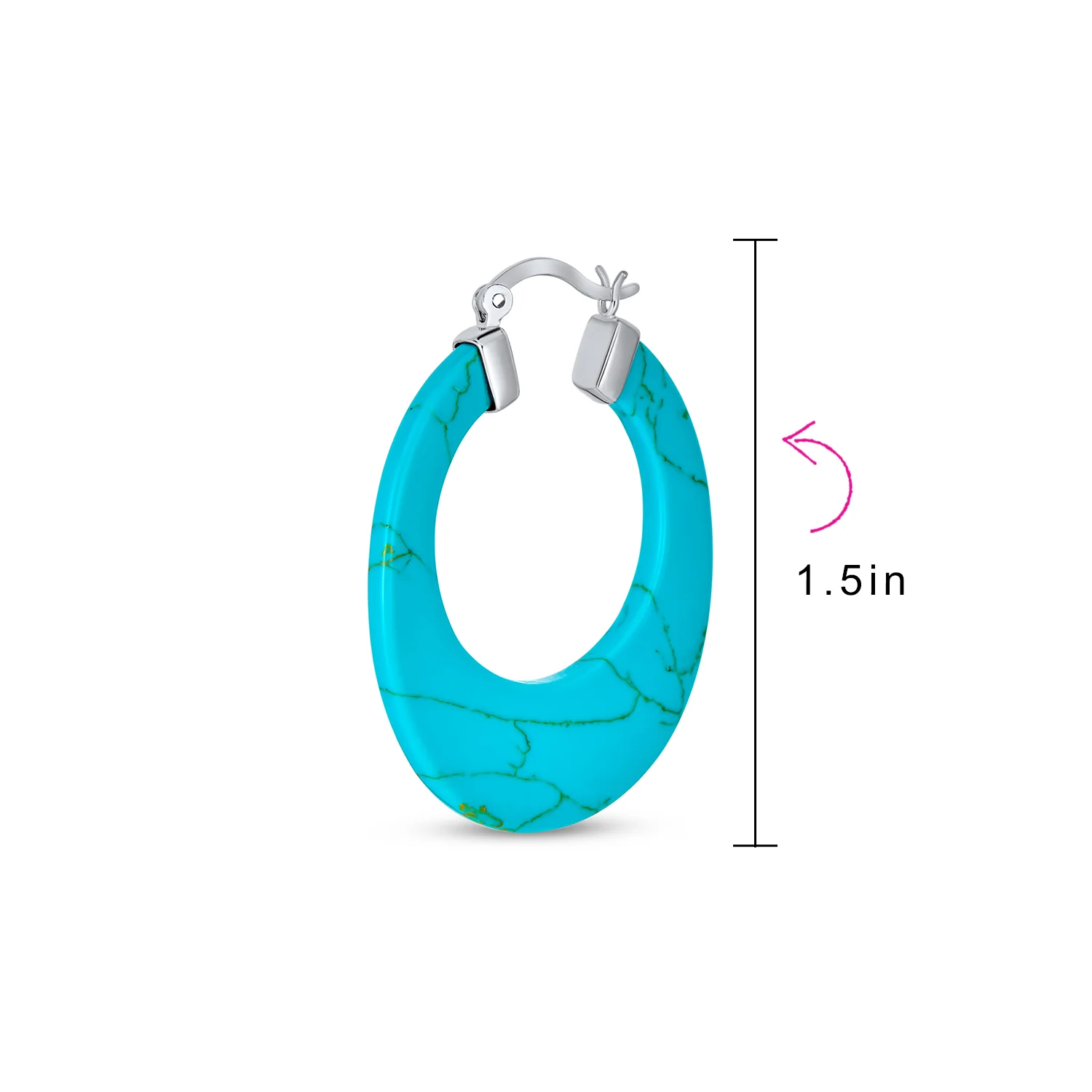 Wide Flat Black Blue Turquoise Gemstone Hoop Huggie Earrings Sterling Silver - Image 8