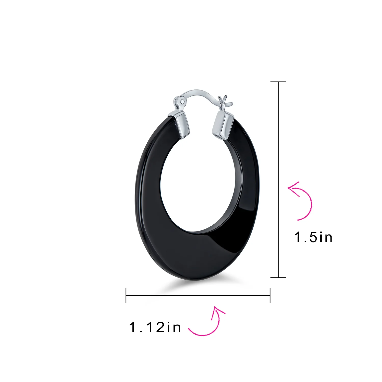 Wide Flat Black Blue Turquoise Gemstone Hoop Huggie Earrings Sterling Silver - Image 9