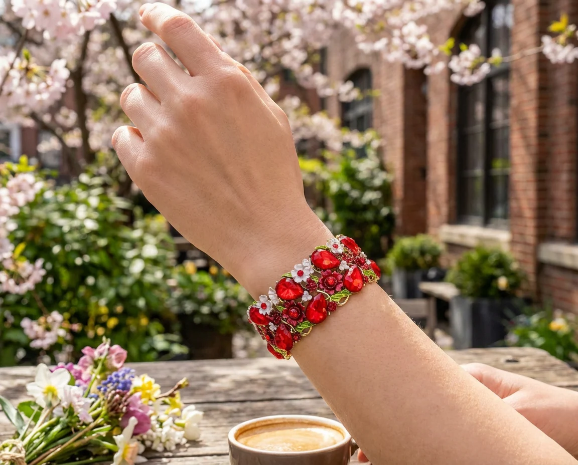 Fashion Red Pink Crystal 3D Floral Wide Cuff Statement Bracelet Flexible Hinge Design - Image 3