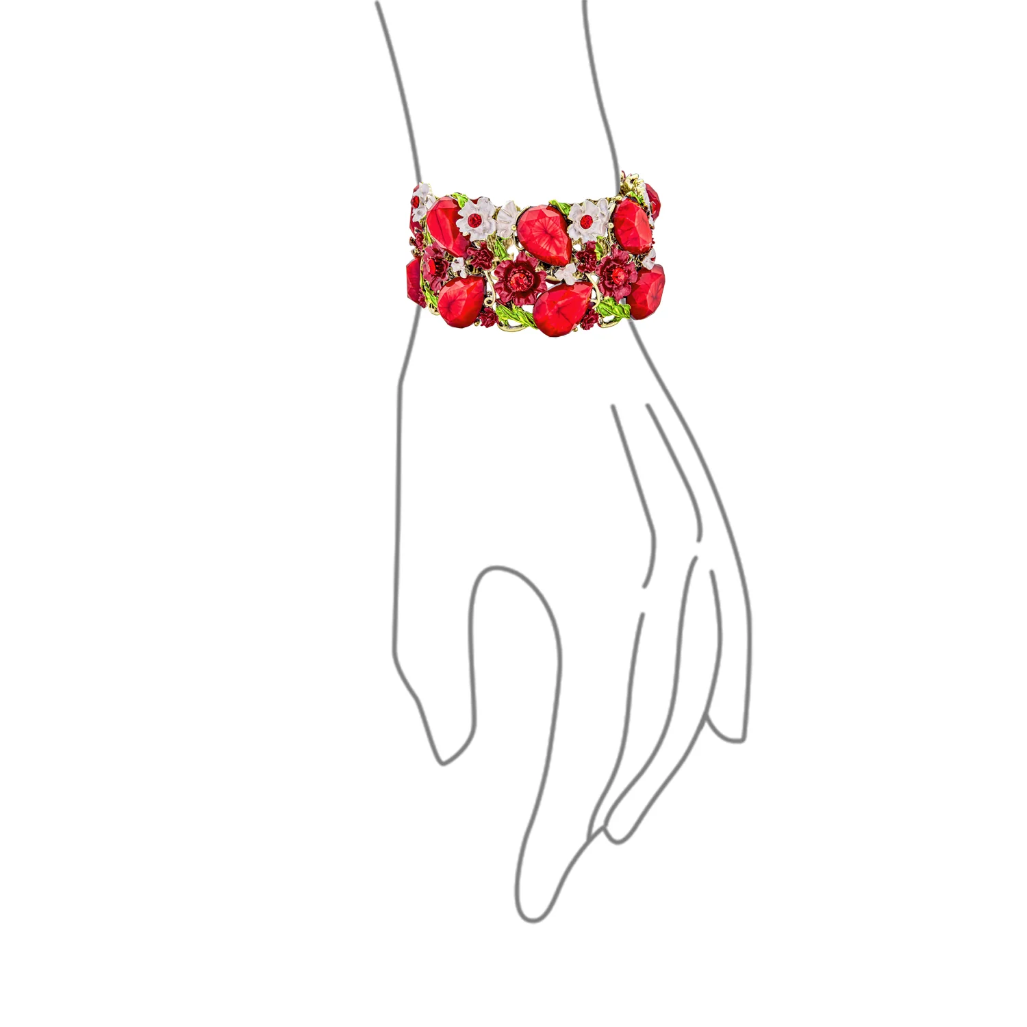 Fashion Red Pink Crystal 3D Floral Wide Cuff Statement Bracelet Flexible Hinge Design - Image 4