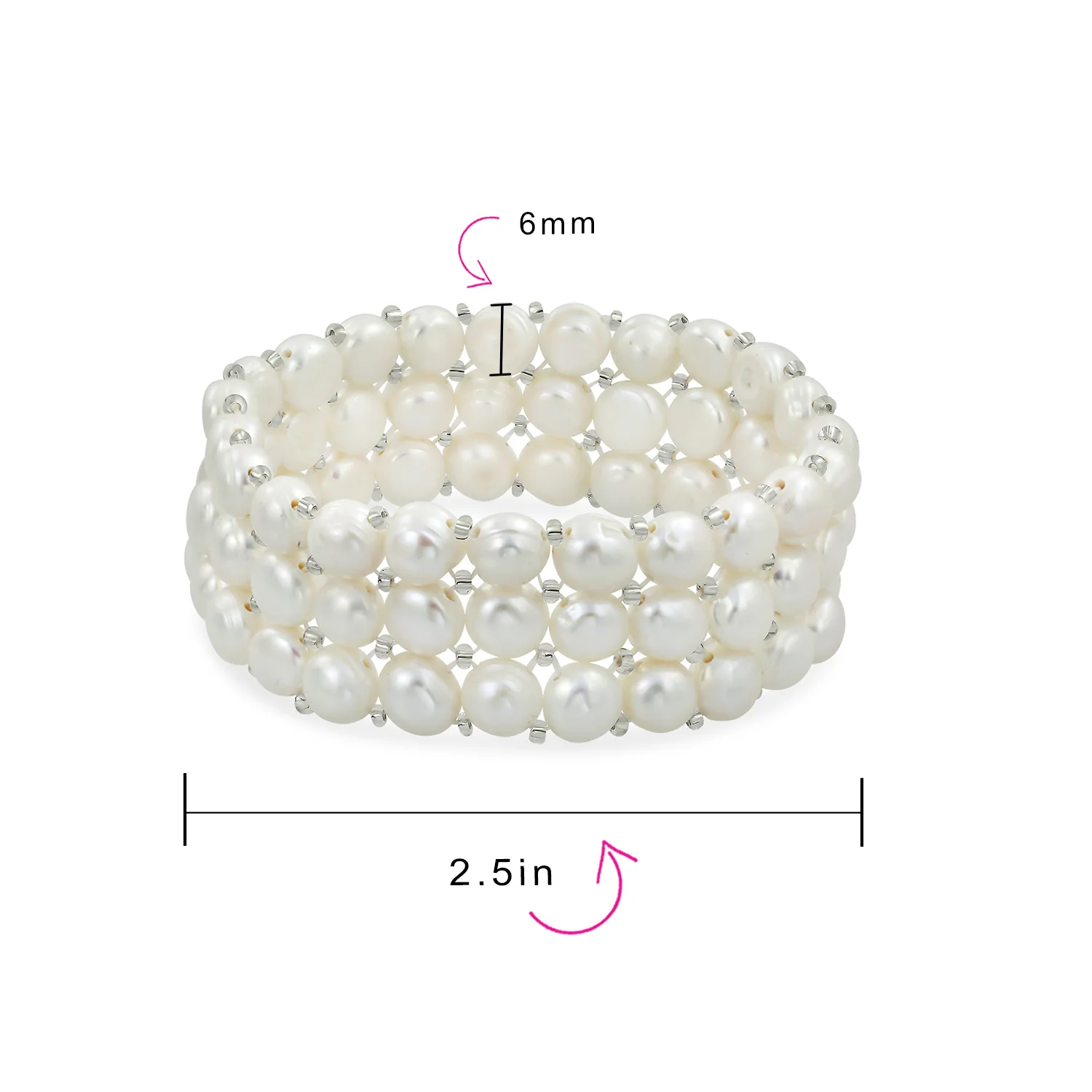 Triple Strand Wide White Button Style Freshwater Cultured Pearl Stretch Bracelet - Image 3