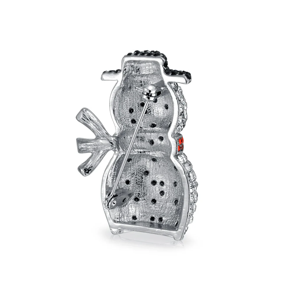 Winter Holiday White Glitter Crystal Snowman Scarf Brooche Pin Silver Plated - Image 2