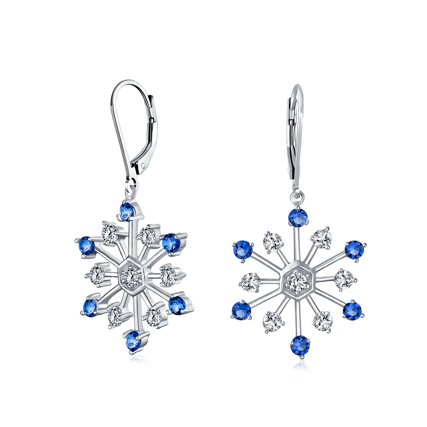 Winter White Ice Blue Snowflake Dangle Chandelier Earrings Cubic Zirconia Silver