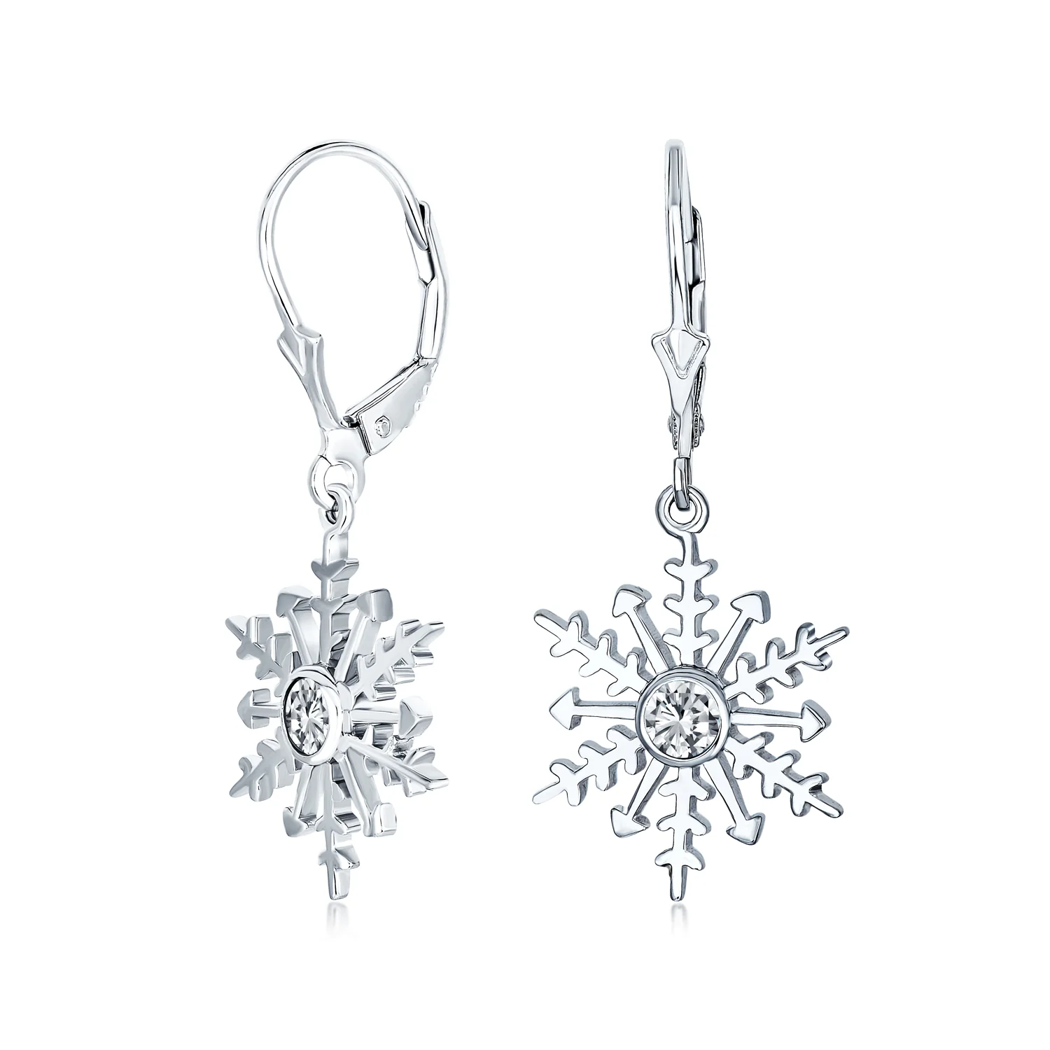 Frozen Winter Drop Dangle CZ Star Snowflake Earrings Sterling Silver Leverback