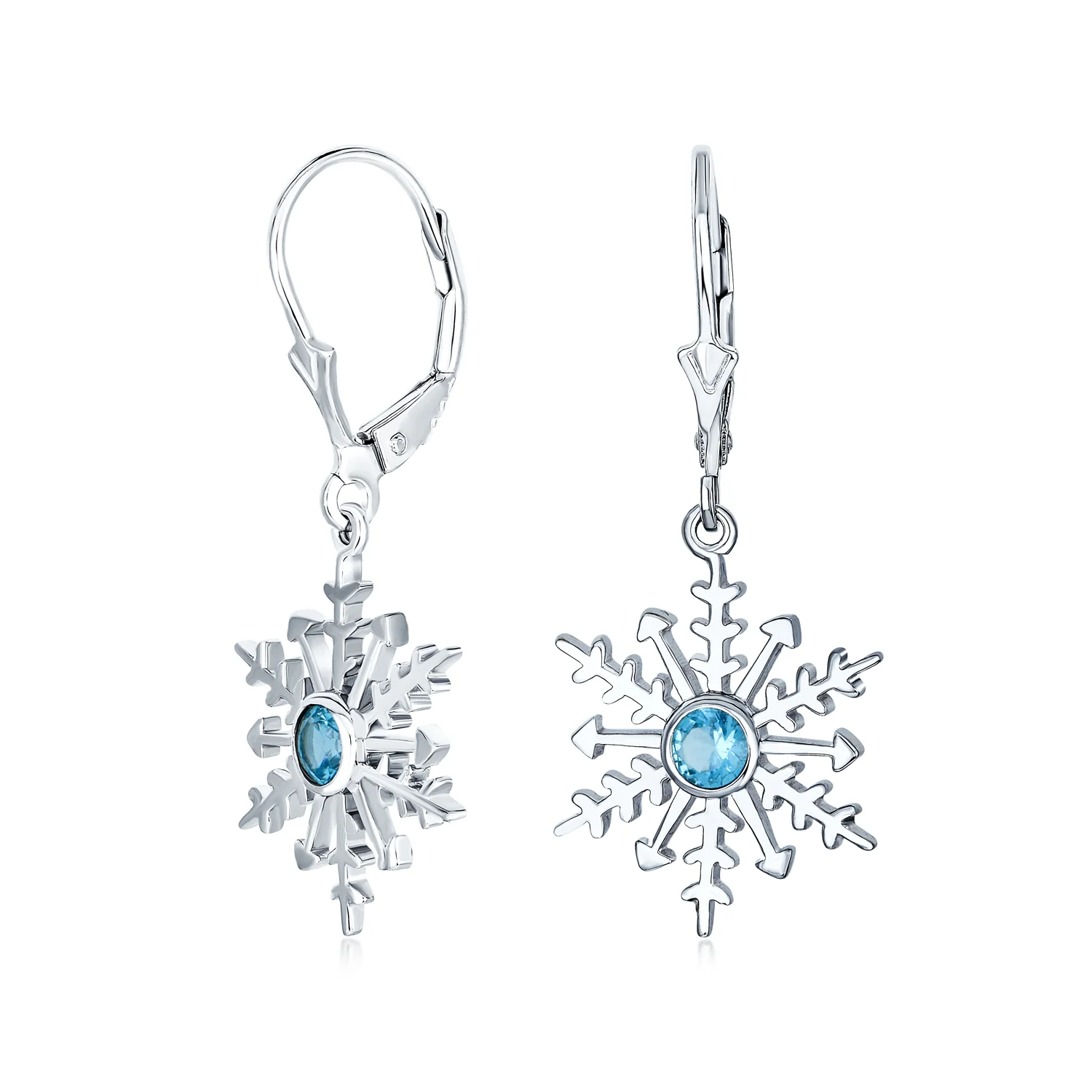 Frozen Winter Drop Dangle CZ Star Snowflake Earrings Sterling Silver Leverback - Image 2