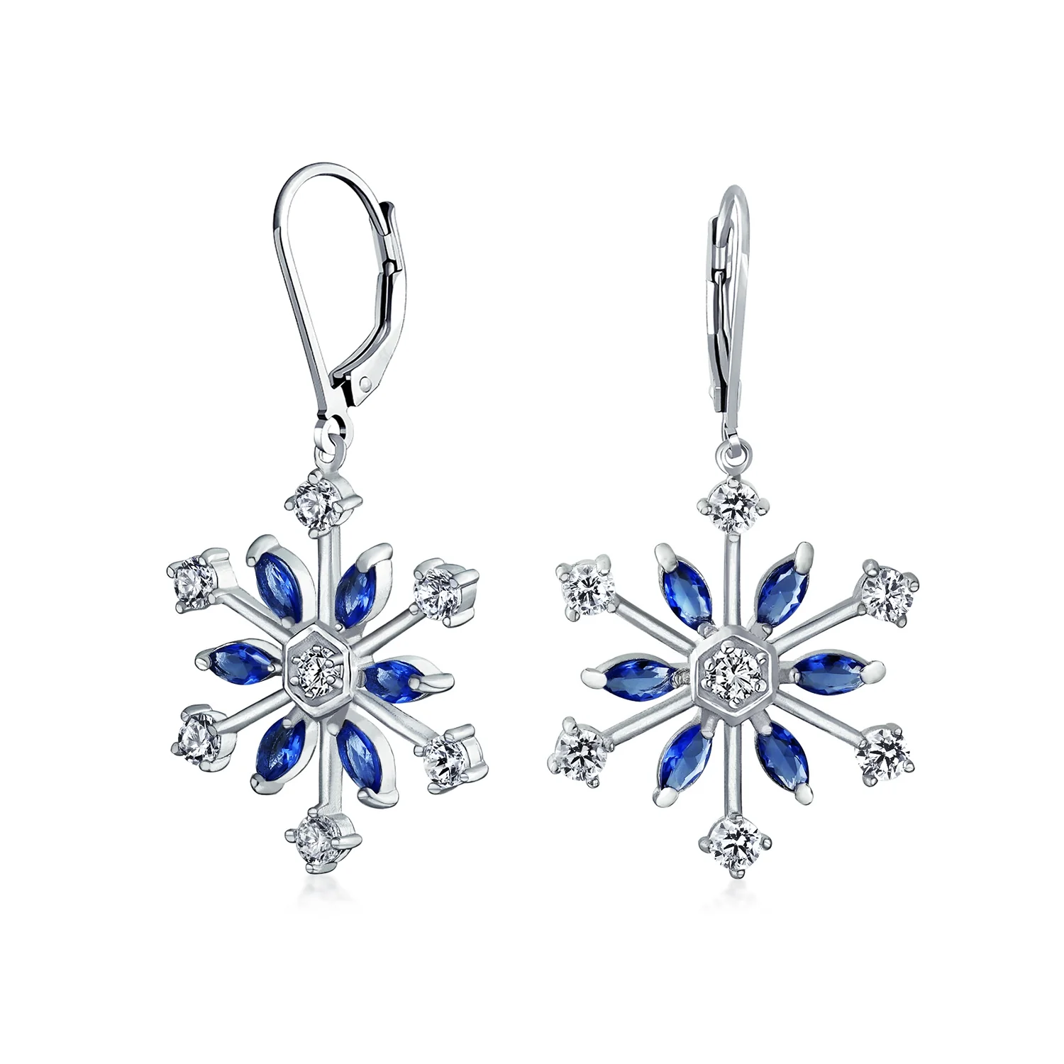Winter White Ice Blue Snowflake Dangle Chandelier Earrings Cubic Zirconia Silver