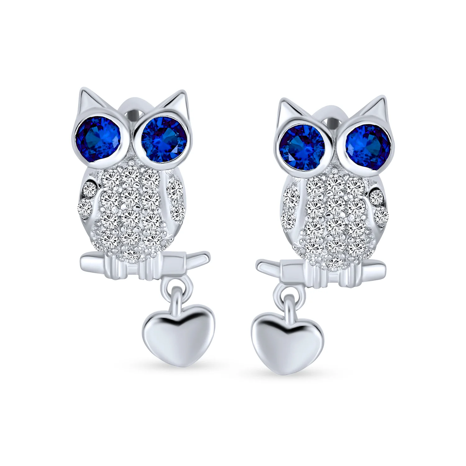 Wise Graduate Owl Stud Earrings Blue Eye Cubic Zirconia CZ with Heart Charm Sterling Silver - Image 2