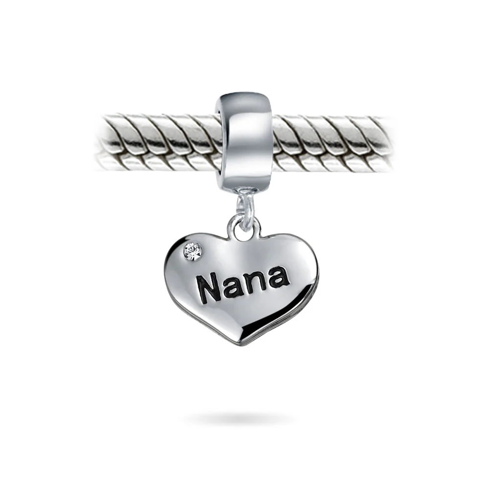 Word Nana Heart Dangle Charm Bead for Grandmother Crystal Silver Fit Bracelet - Image 2