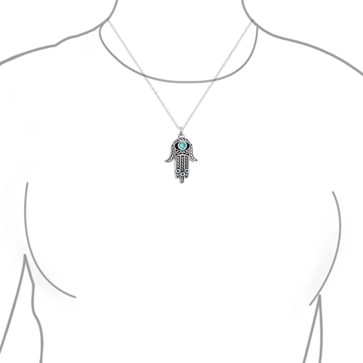 Spiritual Talisman Evil Eye Blue & Hamsa Hand Pendant Necklace & CZ .925 Sterling Silver - Image 3